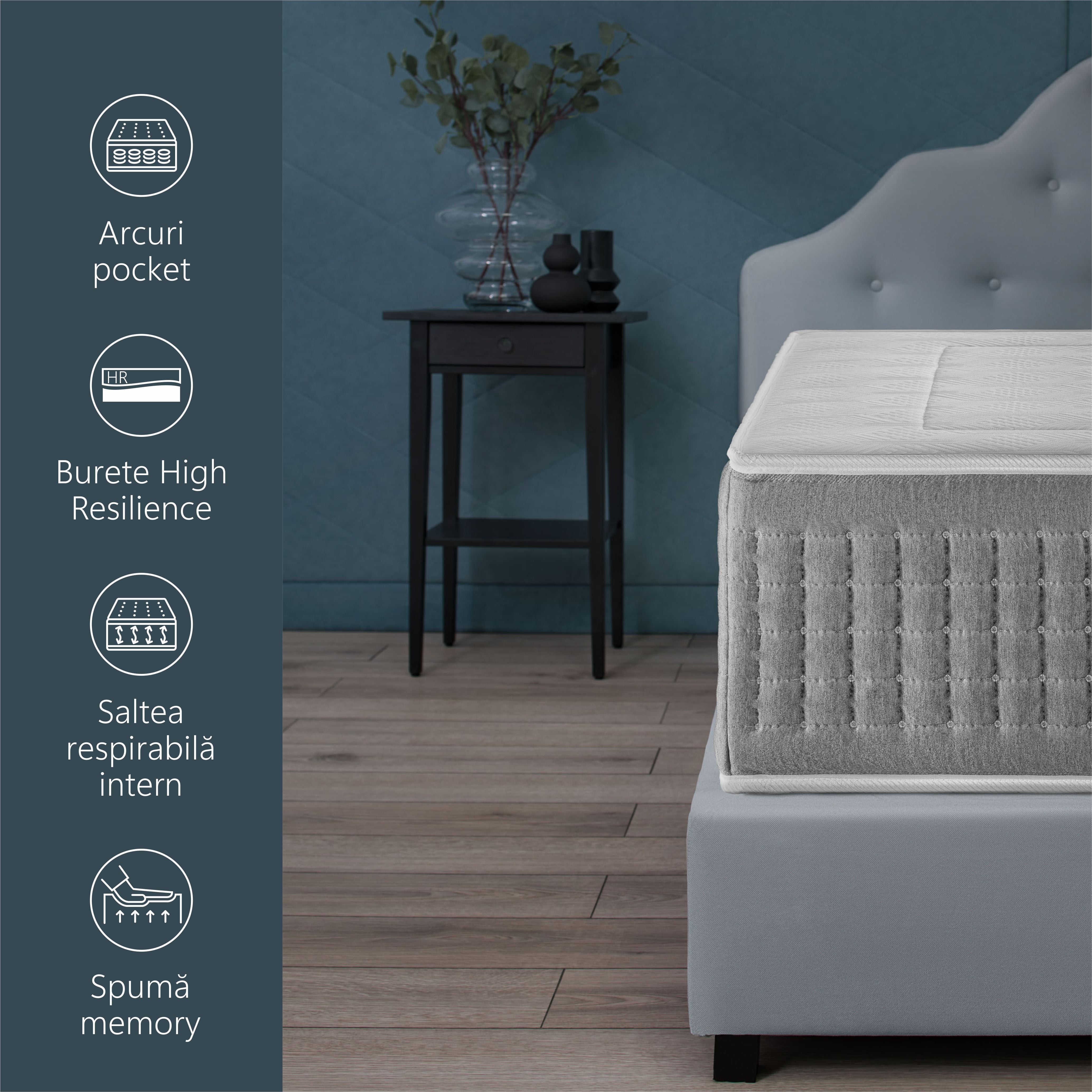 Saltea superortopedica Best Sleep Active, Arcuri Pocket, spuma high resilience, spuma memory, 7 zone de confort, fermitate medie, inaltime 34 cm