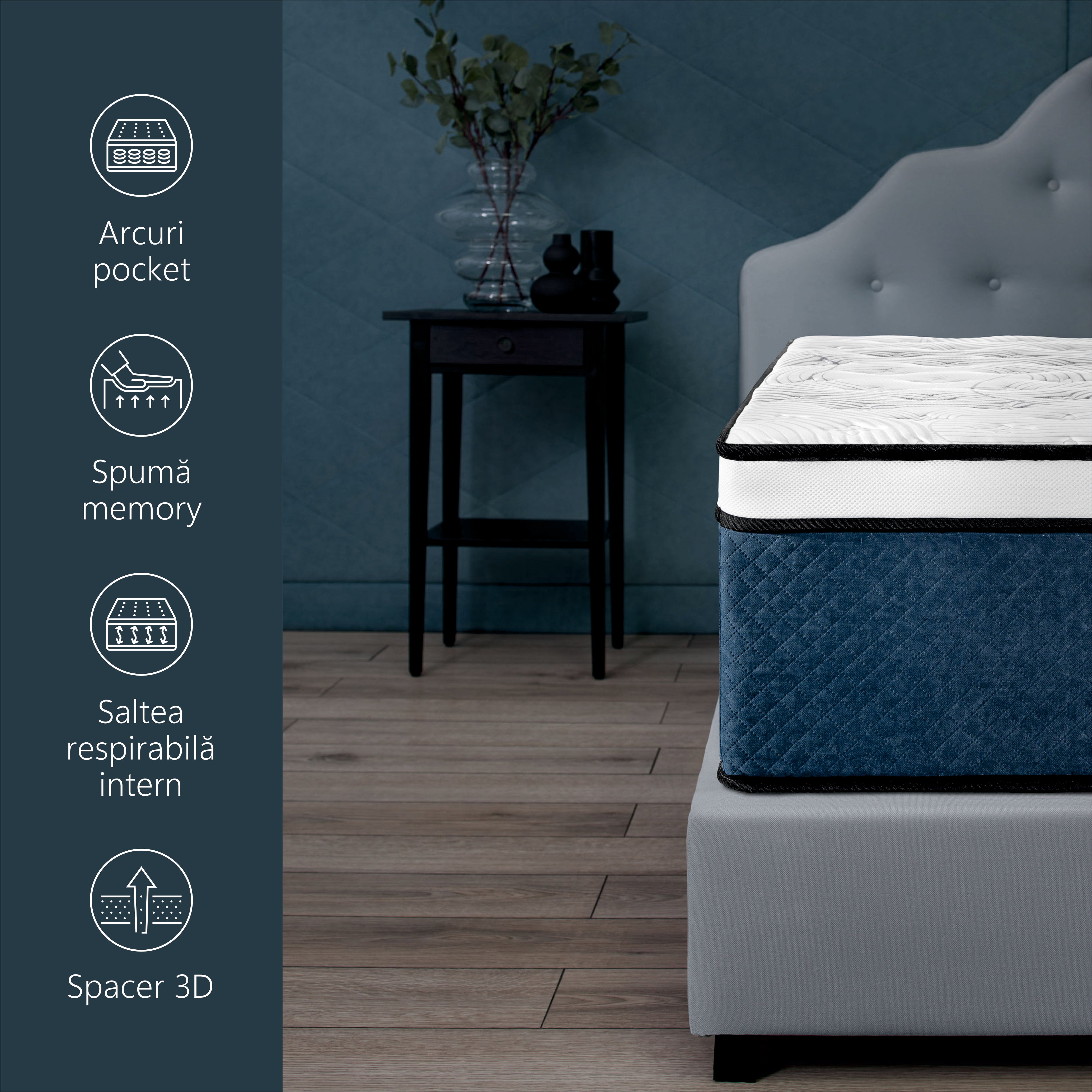 Saltea ortopedica Best Sleep Ocean, Arcuri Pocket, spuma memory, 7 zone de confort, fermitate medie, 33cm inaltime