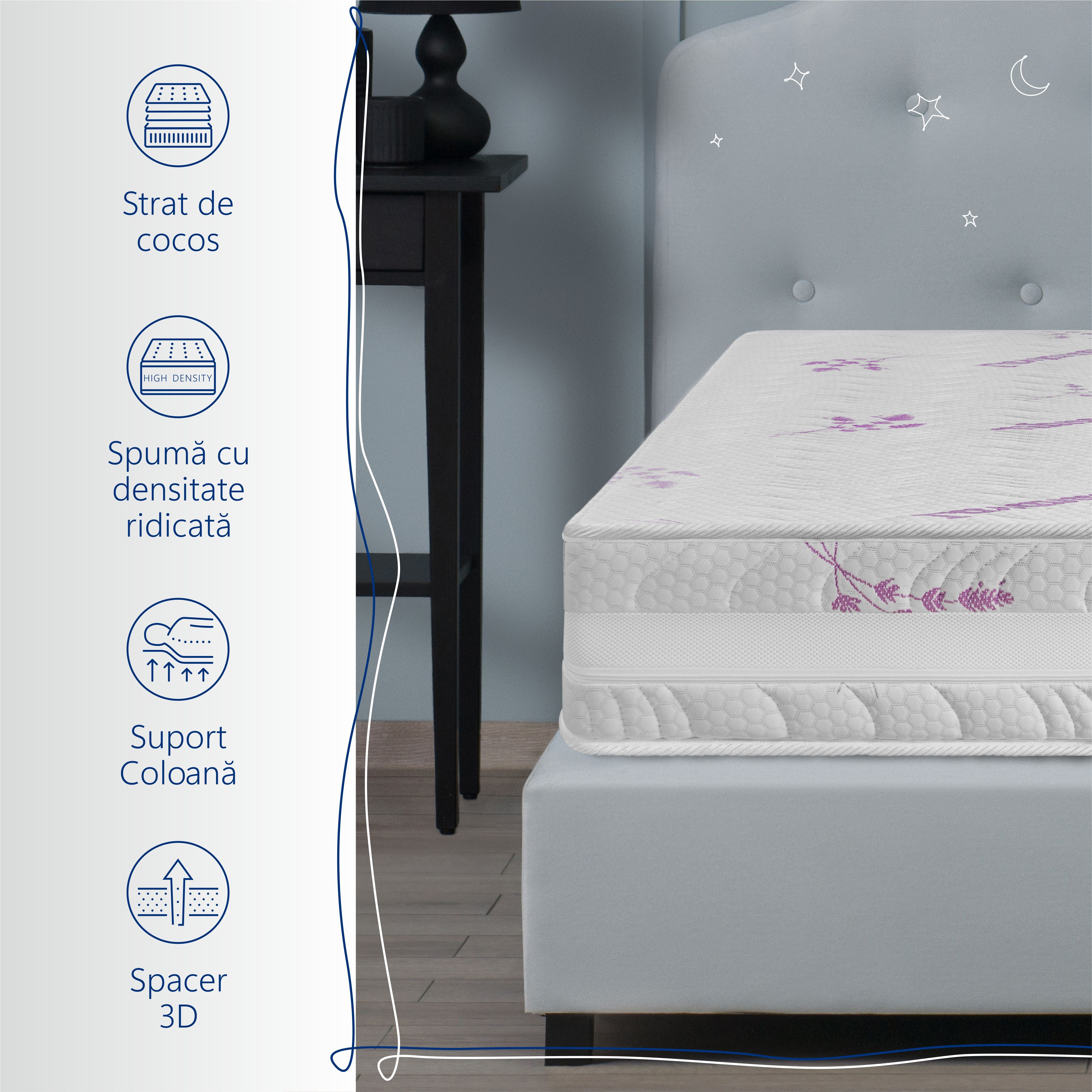 Saltea cu Spuma Poliuretanica Baby Dream Lavanda 13cm, Cocos, Husa cu Lavanda