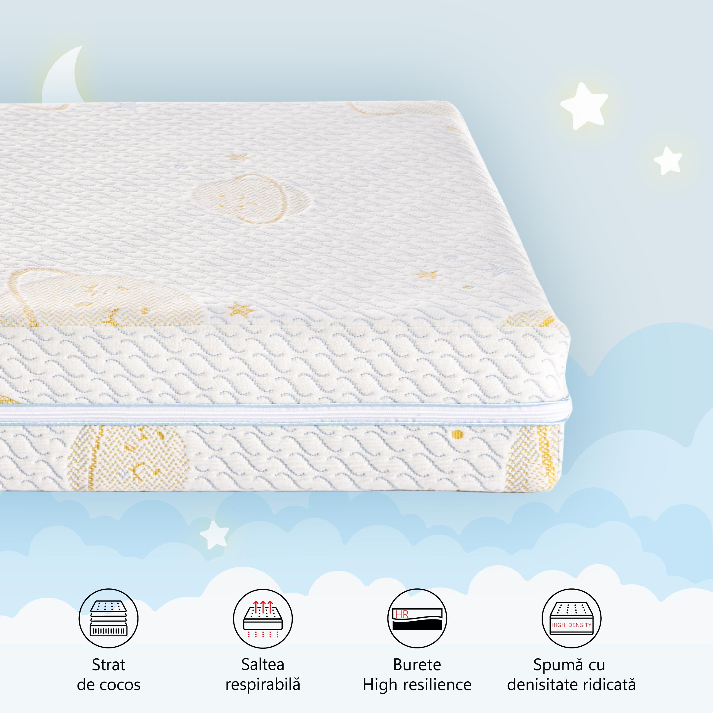 Saltea reversibila cu Cocos Air Coco Dreamy, spuma poliuretanica, H12 cm, husa tricot