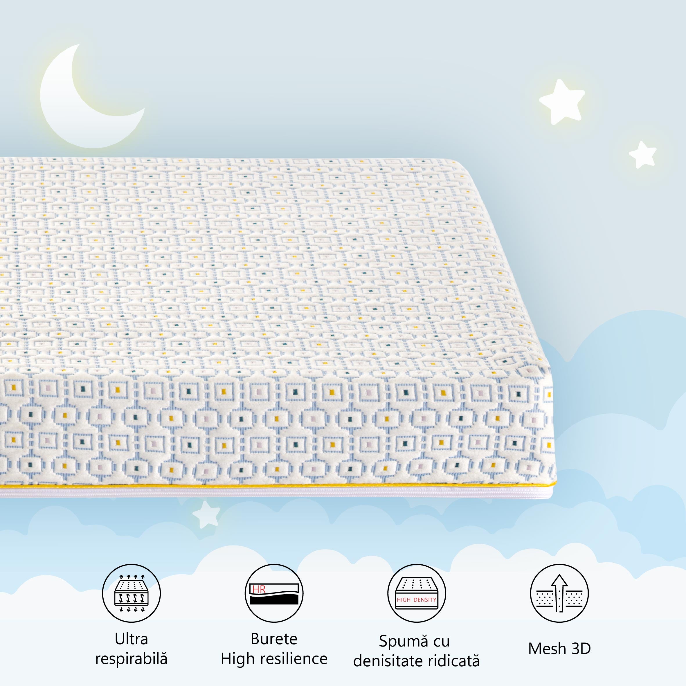 Saltea cu spuma high resilience DreamStep Start, spuma poliuretanica, H15cm, husa tricot