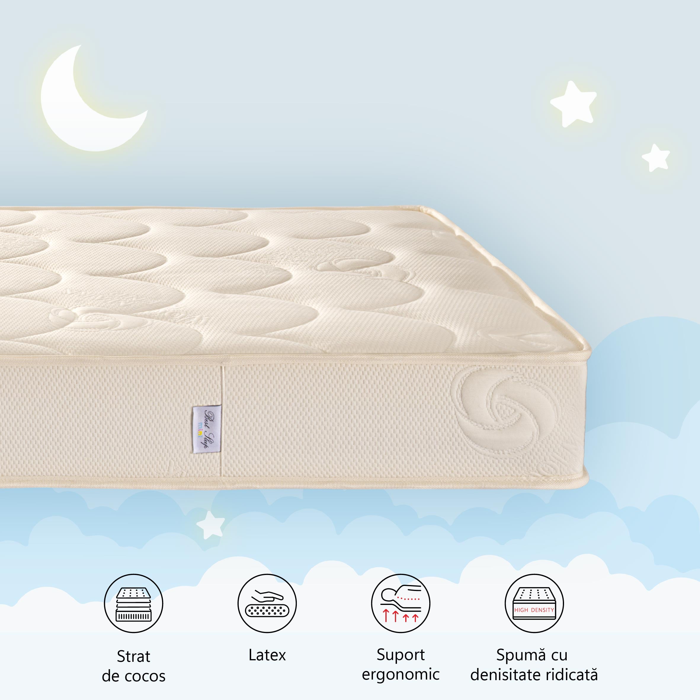 Saltea cu latex, Growsleep Junior Strong, cocos, spuma poliuretanica, H16cm, husa lana