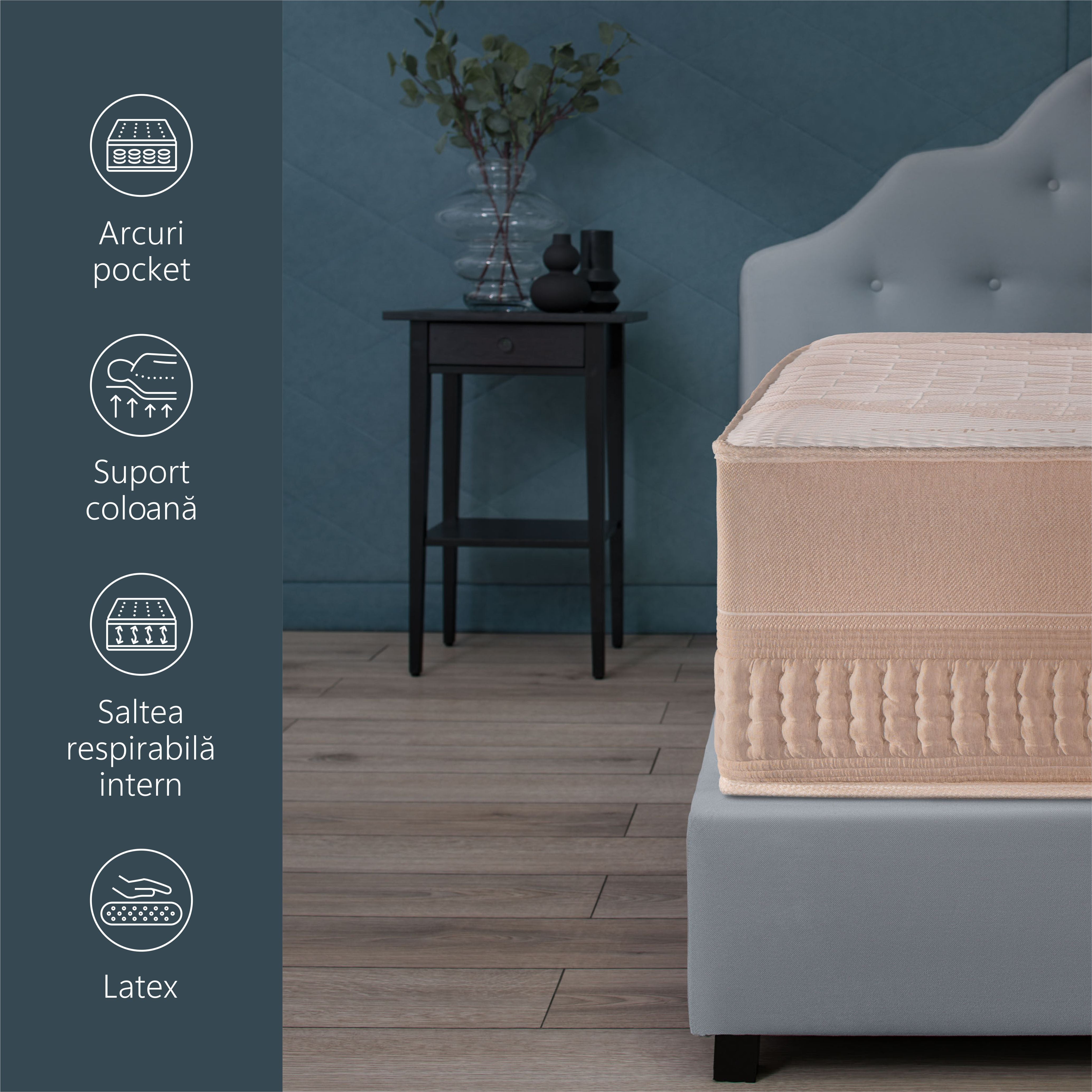 Saltea ortopedica Best Sleep Glamour, Arcuri Pocket, Latex 4 cm, 7 zone de confort, husa bambus, fermitate medie, 35 cm inaltime